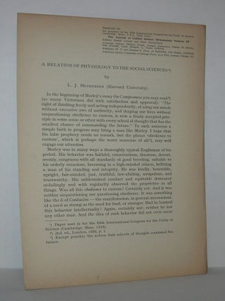 Item #11055 A RELATION OF PHYSIOLOGY TO THE SOCIAL SCIENCES Offprint for Members of the Fifth...