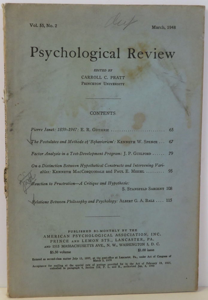 Item #16953 Psychological Review. Carroll C. Pratt, E. R. Guthrie, Kenneth W. Spence, J. P. Guilford, Kenneth MacCorquodale, Paul E. Meehl, S. Stansfeld Sargent, Albert G. A. Balz.